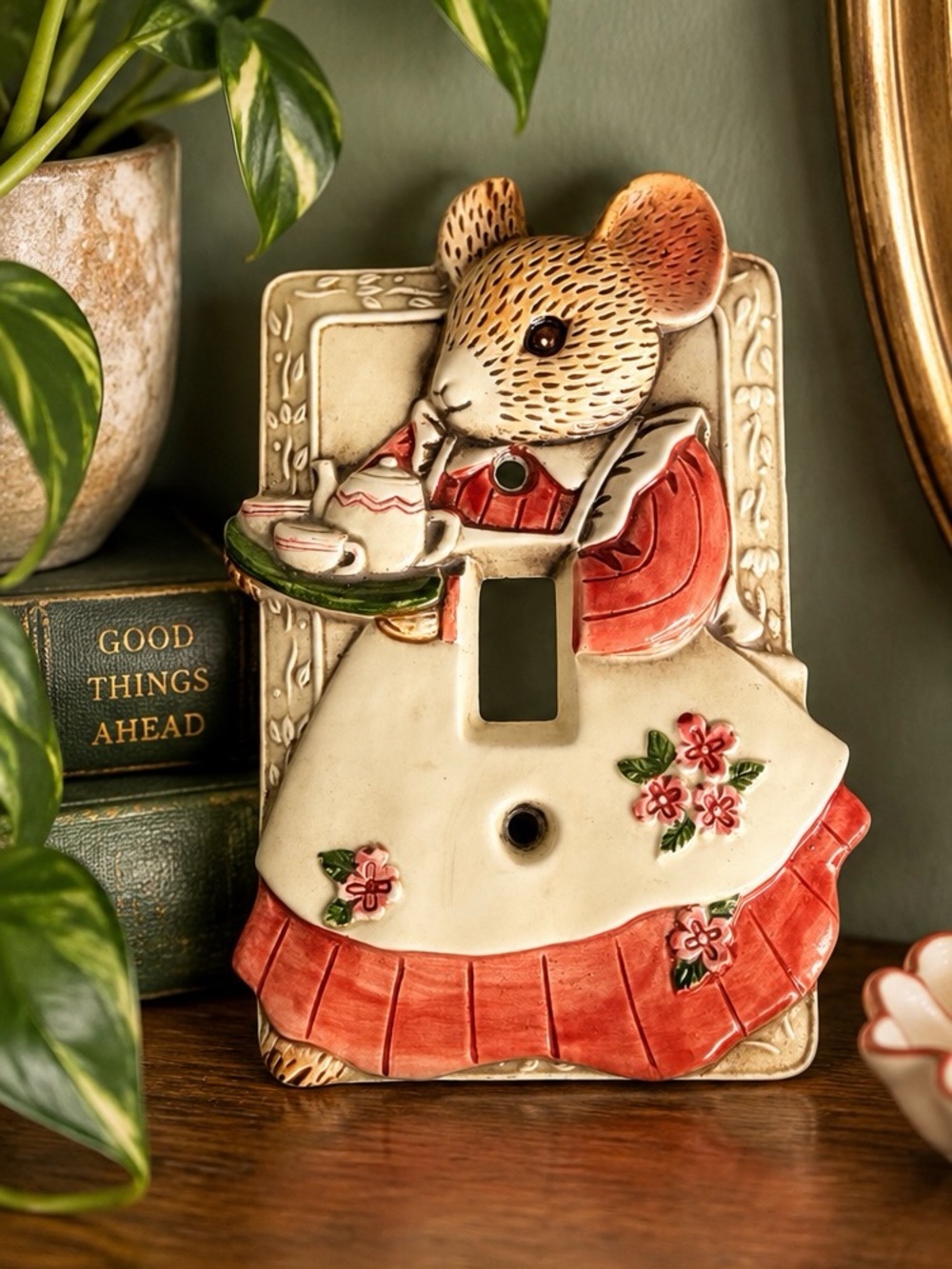 Vintage Takahashi Japan Ceramic Mouse Light Switch Cover Tea Party Cottagecore